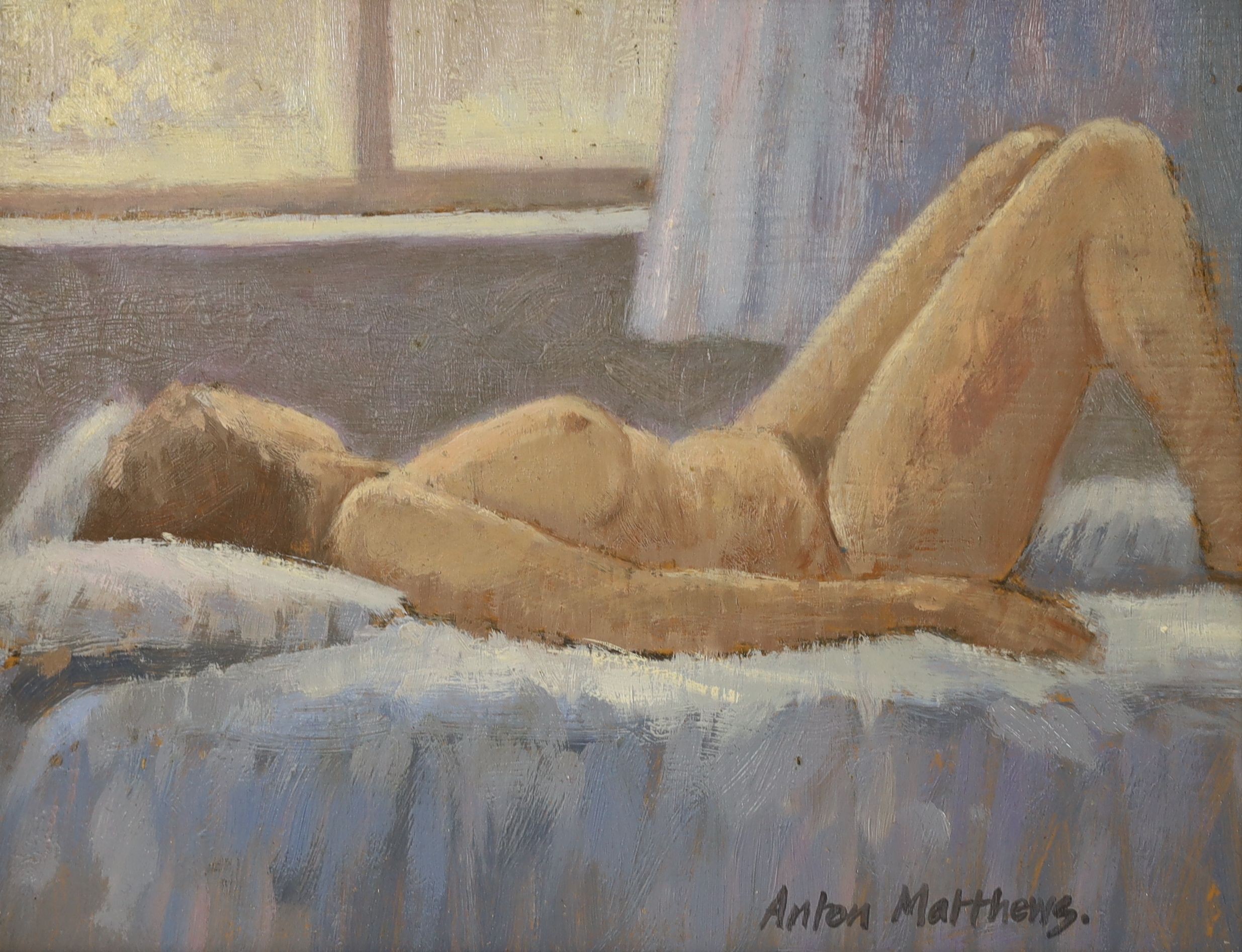 Anton Matthews (1925-2008), oil on board, Reclining nude, signed, 18 x 23cm